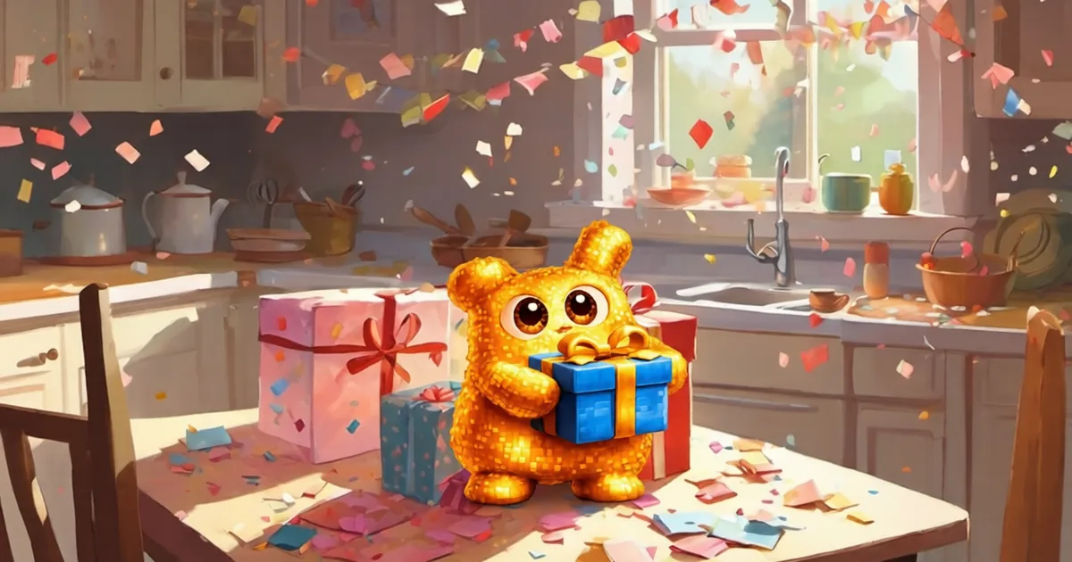 Hani looking delighted at a wrapped present that has appeared unexpectedly