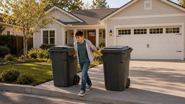 Eli pulling the garbage bins out