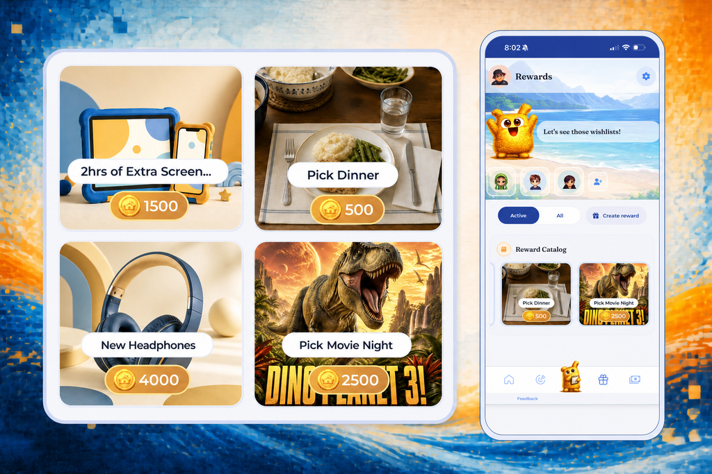 Real RiseOhana reward tiles beside the Rewards page in the app