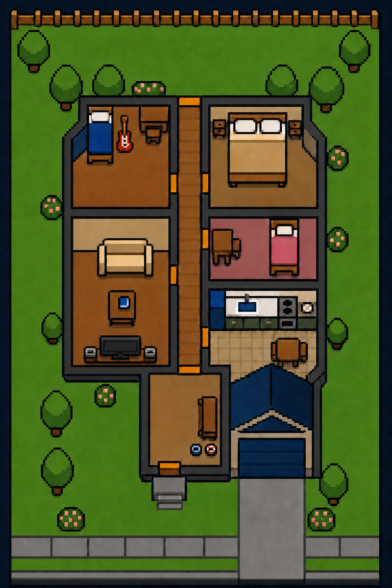 8-bit cutaway of the Parker family house and yard